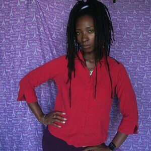 ALC stretch gauzy top blouse button up down shirt in red side medium.